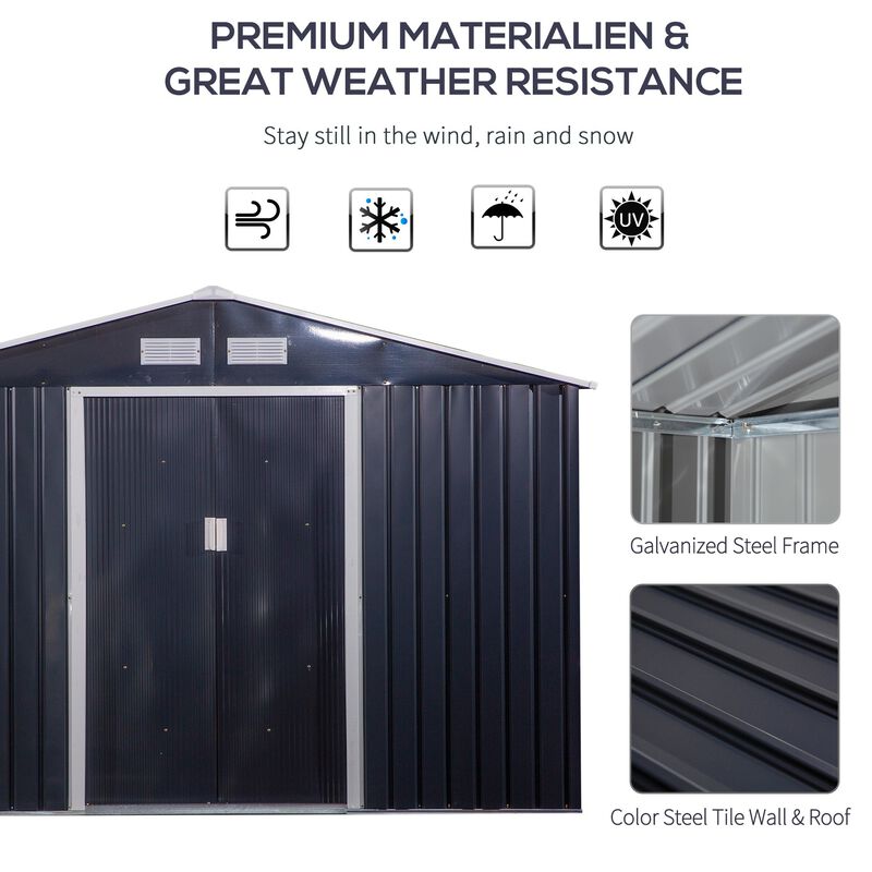 11' x 9' Metal Storage Shed Garden Tool House with Double Sliding Doors, 4 Air Vents for Backyard, Patio, Lawn Dark Grey