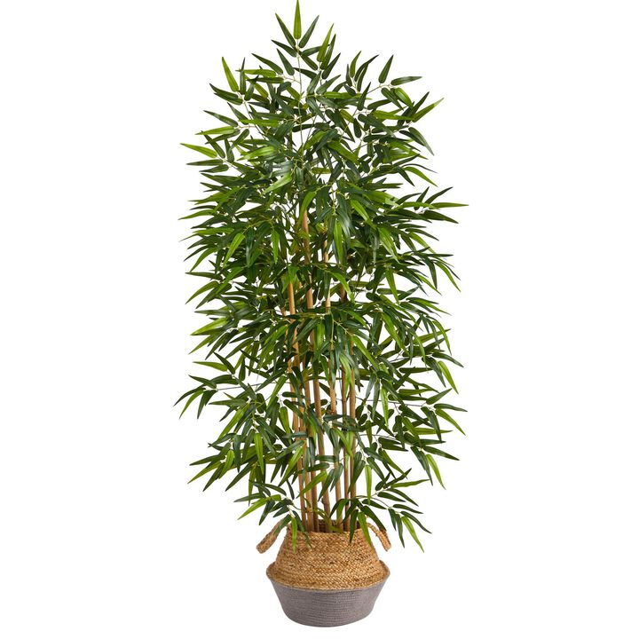 Nearly Natural 64-in Bamboo Tree in Boho Chic Cotton & Jute Gray Planter