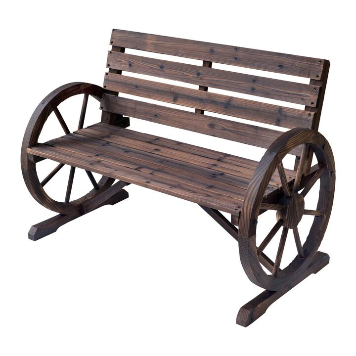Wooden Wagon Wheel Bench Rustic Outdoor Patio Furniture, 2-Person Seat Bench with Backrest Carbonized
