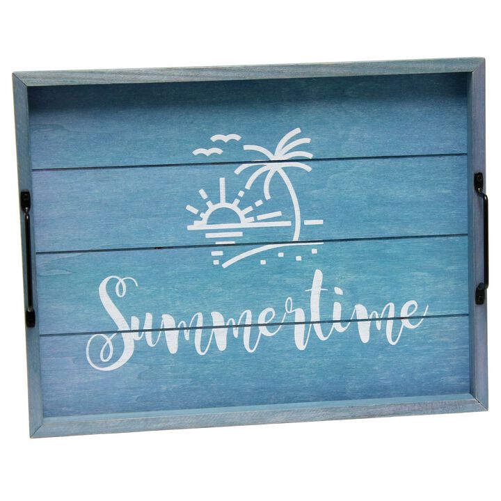 15.5" Blue Rectangular Wooden "Summertime" Serving Tray with Handles