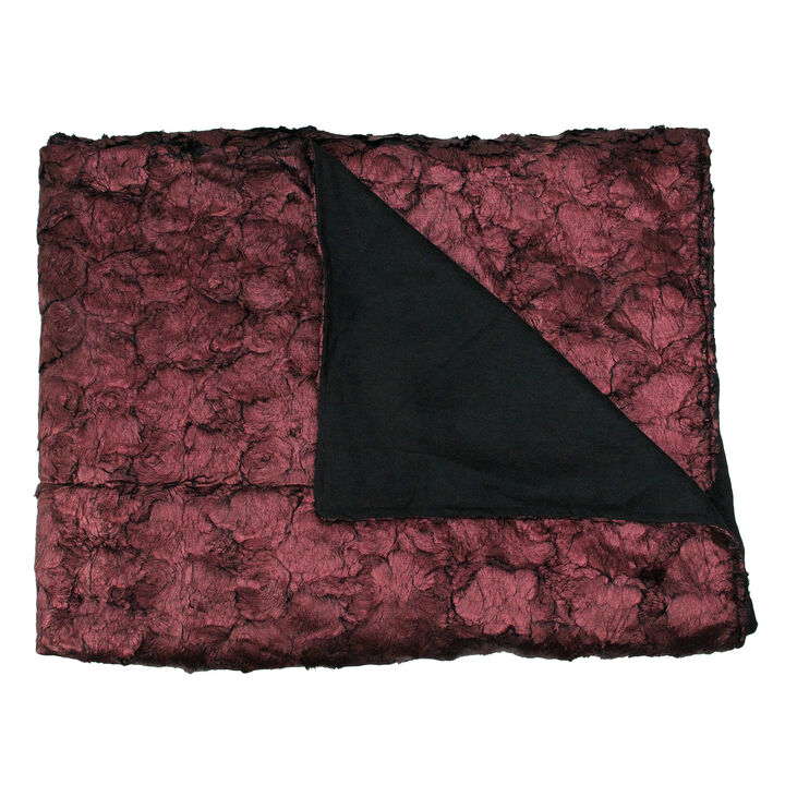 Burgundy and Black Plush and Velvety Faux Fur Throw Blanket 50" x 60"