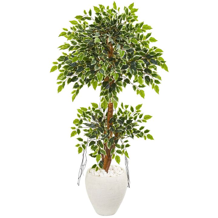 Nearly Natural 56-in Variegated Ficus Artificial Tree in White Planter