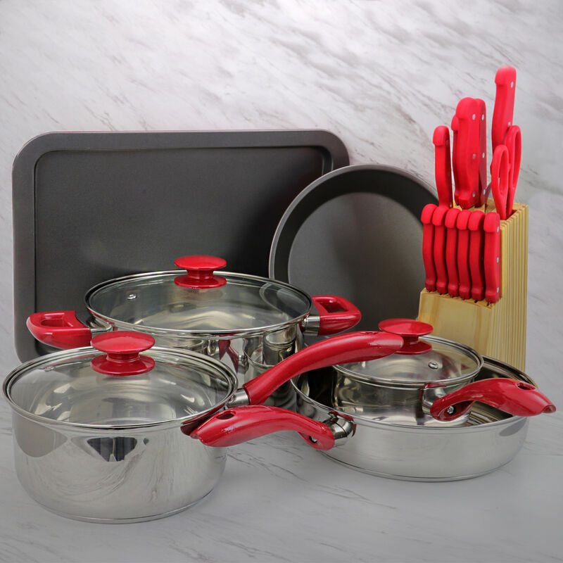 MegaChef 22 Piece Aluminum Cookware Combo Set in Red