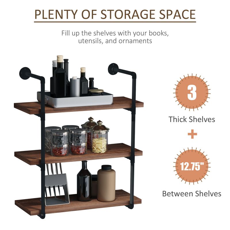 Industrial Pipe Style Shelf 3-Tier Wall-Mounted Utility Bookcase Floating Storage Rack with Metal Frame, Rustic Brown