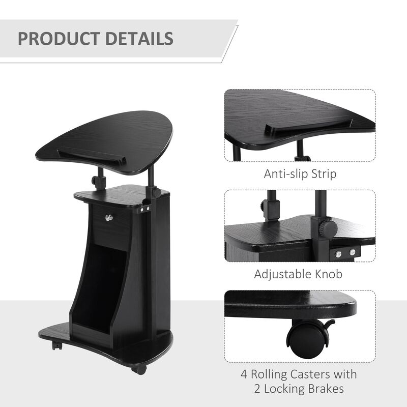 Mobile Laptop Cart, Sit-to-Stand Computer Desk with drawer, Height Adjustable Rolling Podium Desk Stand with Swivel Top & Storage, Black