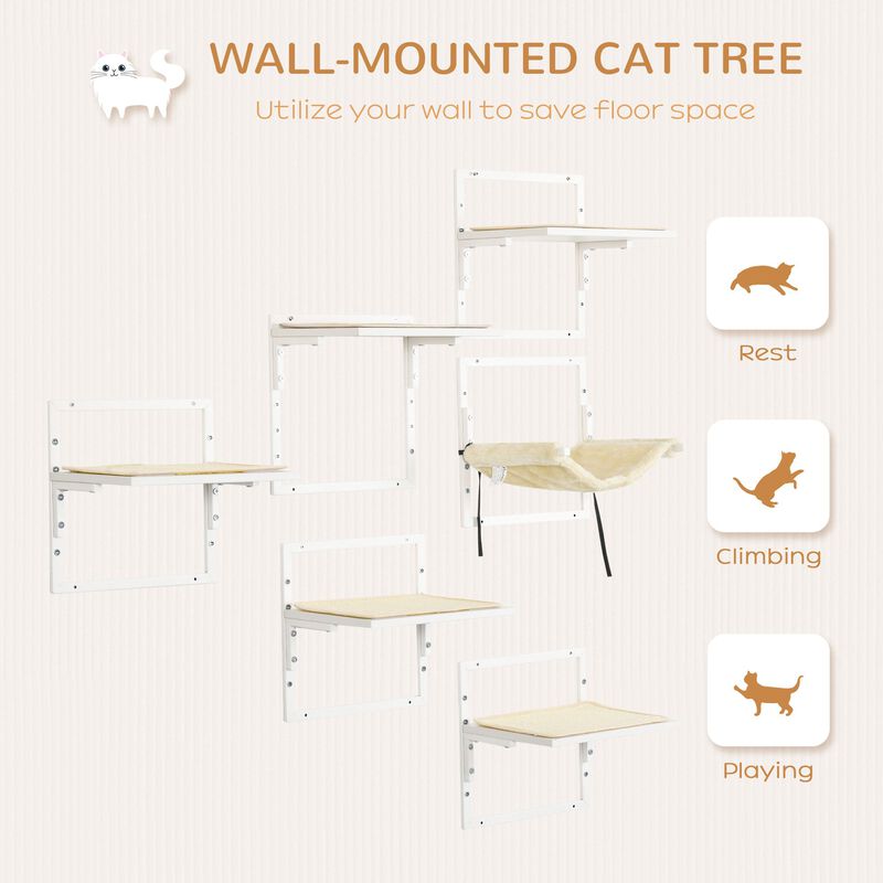 6PCs Modern Cat Wall Shelves, Steel Wall-mounted Climbing Shelf Set, Height Adjustable Kitten Activity Center with Jumping Platform, Cream