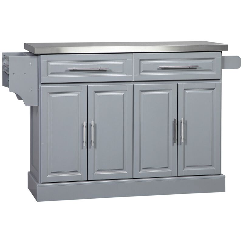 Grey Rolling Kitchen Island with Storage, Portable Kitchen Cart with Stainless Steel Top, 2 Drawers, Spice, Knife and Towel Rack