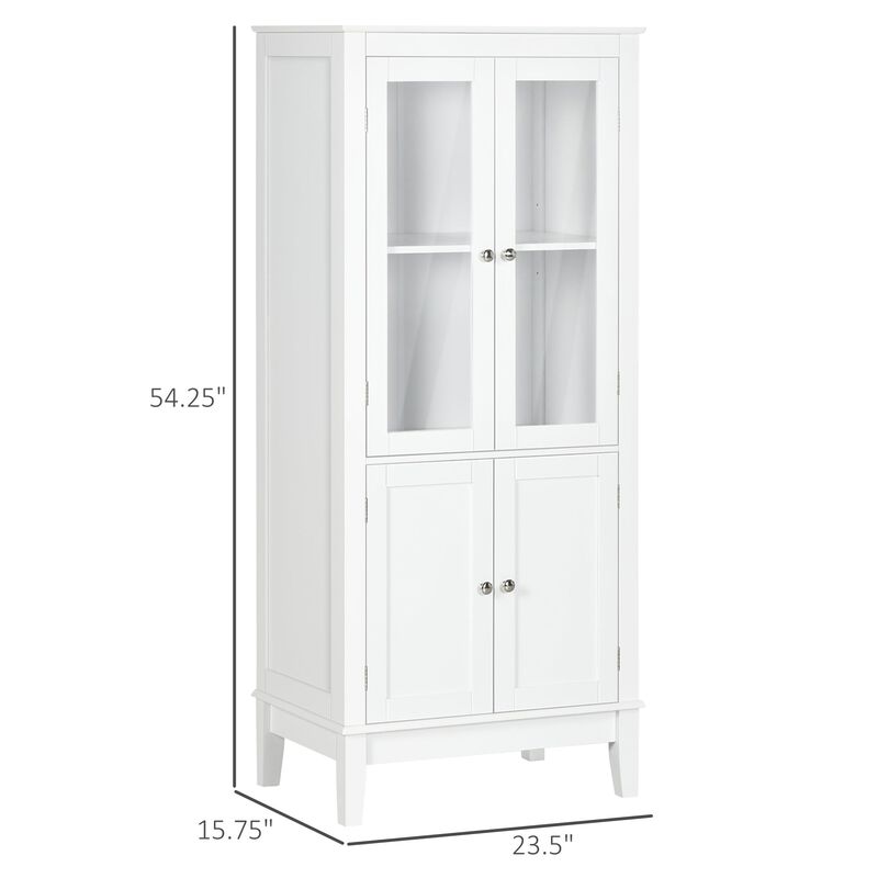 Bathroom Floor Cabinet with 2 Storage Cabinets, Tempered Glass Door, Freestanding Linen Tower with Adjustable Shelves for Living Room, White