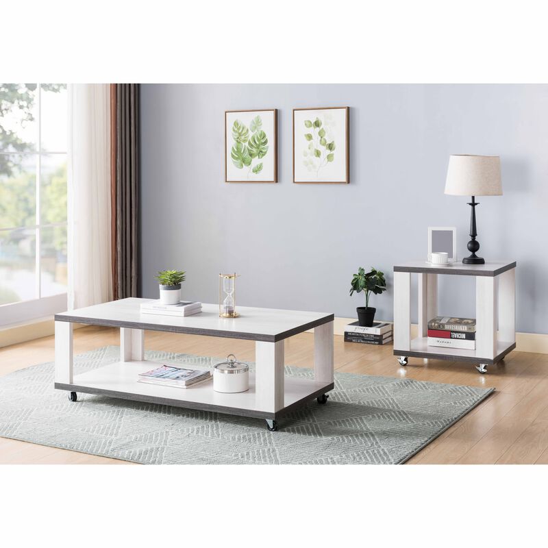 White Oak & Distressed Grey 4-Wheels End Table with 2 Tier Display