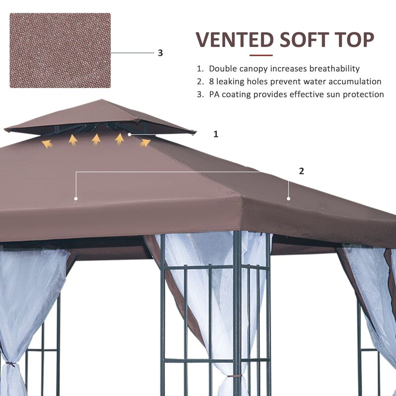 10'x10' Outdoor Gazebo, Double Tiered Canopy Tent with Mosquito Netting, and Steel Frame for Patio, Backyards and Parties, Coffee