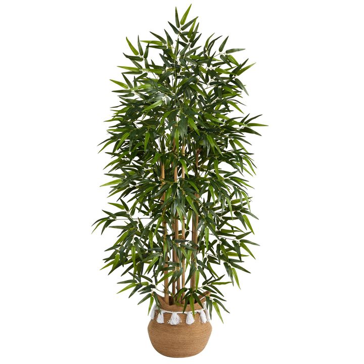 Nearly Natural 64-in Bamboo Tree in Natural Cotton Woven Planter w/Tassels
