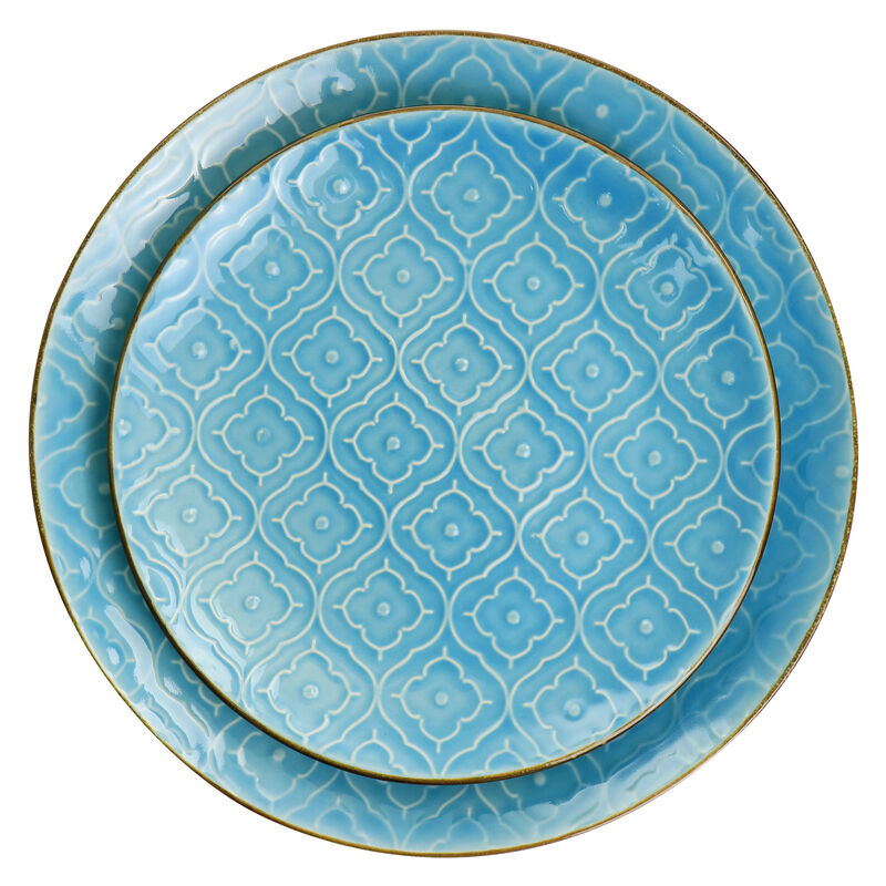 Elama Aqualite 16 Piece Embossed Stoneware Dinnerware Set in Teal