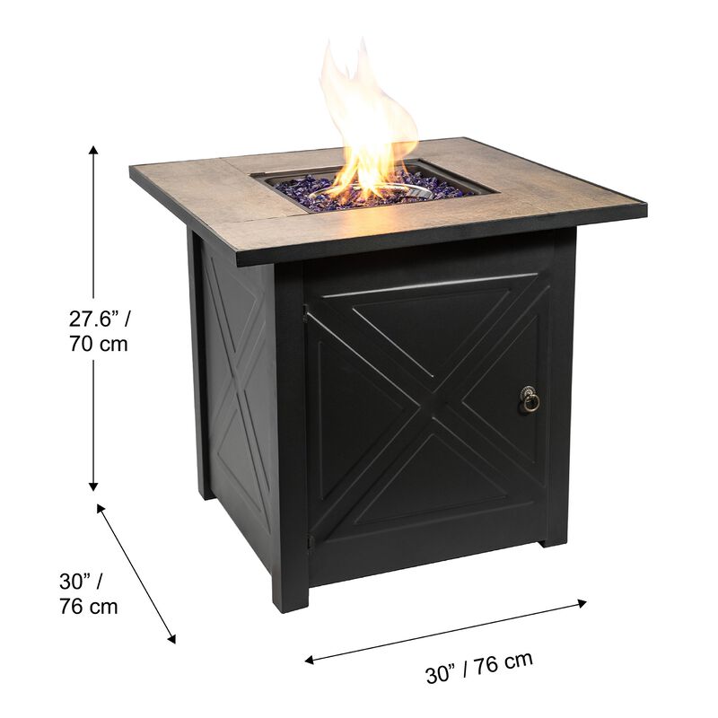Teamson Home Outdoor Square 30" Propane Ceramic Gas Fire Pit with Steel Base, Black/Stone