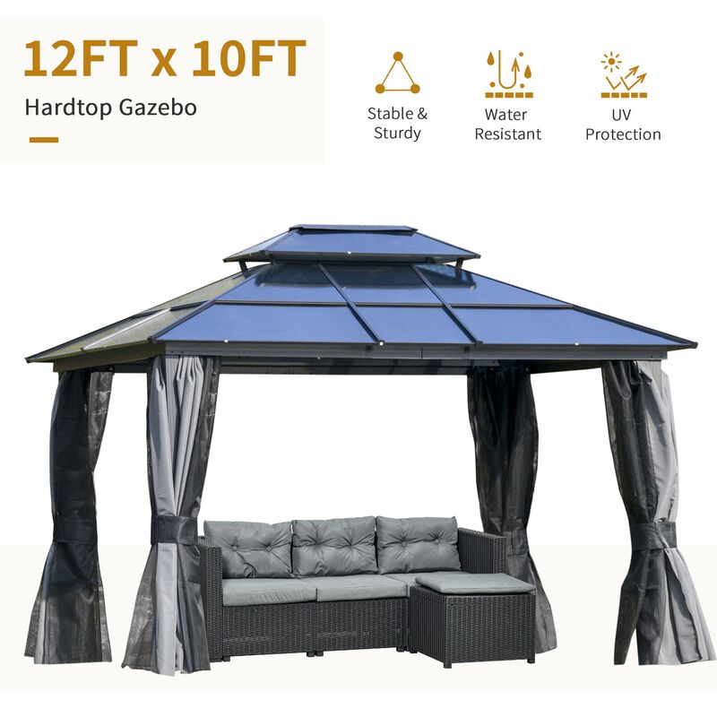 10x12 Hardtop Gazebo with Aluminum Frame, Polycarbonate Gazebo Canopy with Curtains, Netting for Garden, Patio, Backyard, Grey