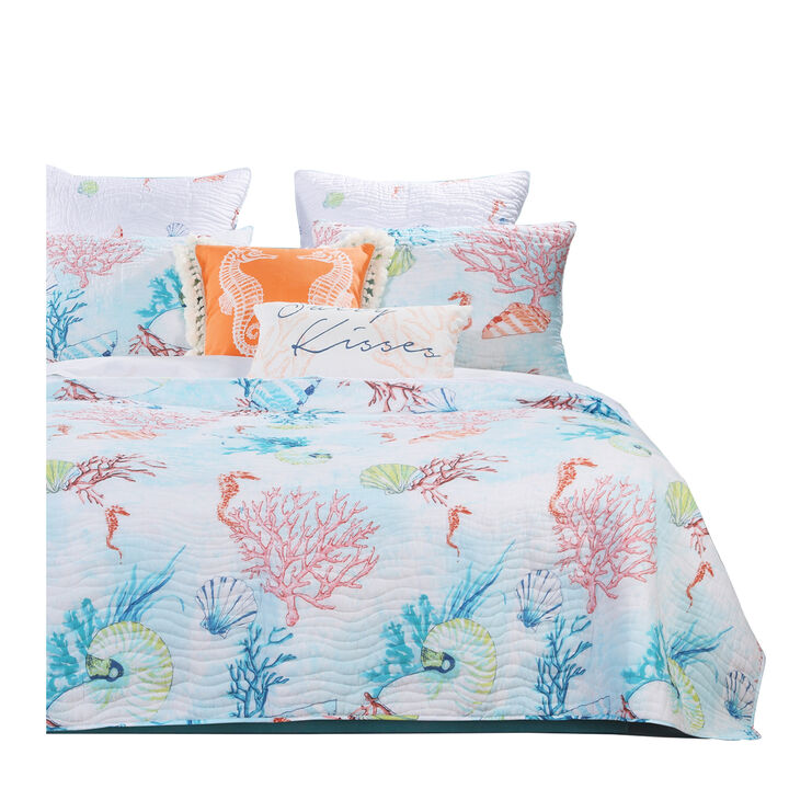 Full Size 3 Piece Polyester Quilt Set with Coral Prints, Multicolor-Benzara