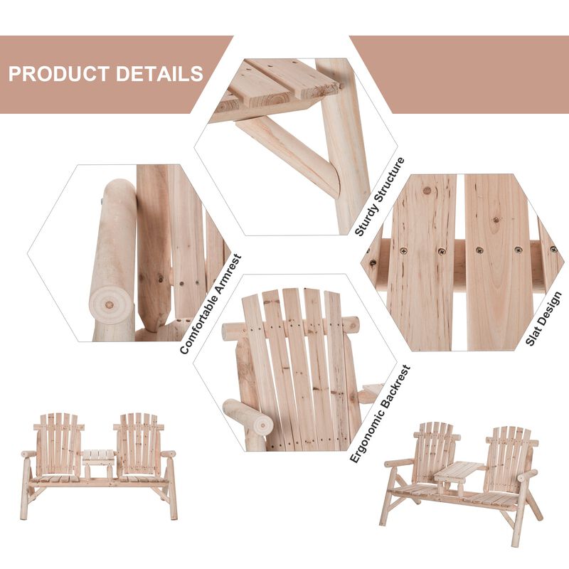 Wood Adirondack Patio Chair Bench with Center Coffee Table, Perfect for Lounging and Relaxing Outdoors Natural