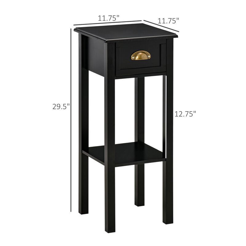 2-Tier Side Table with Drawer, Narrow End Table for Space Saving, Slim Nightstand with Shelf Metal Knob for Living Room Hallway, Black