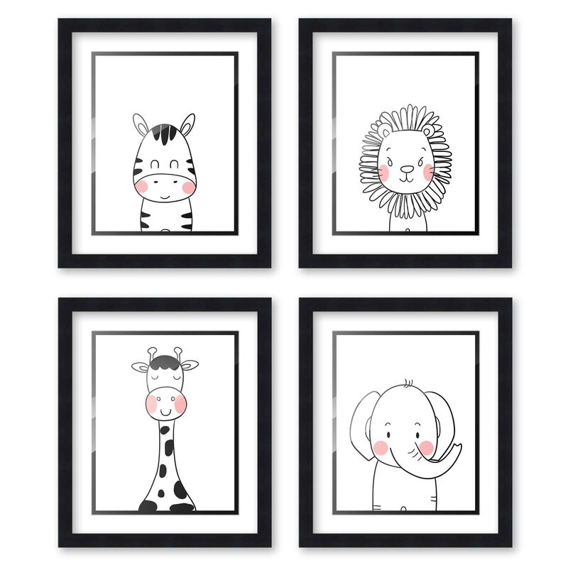 8x10 Framed Nursery Wall Art Set of 4 Black & White Animal Prints with White Mat in a 10x12 Black Wood Frames