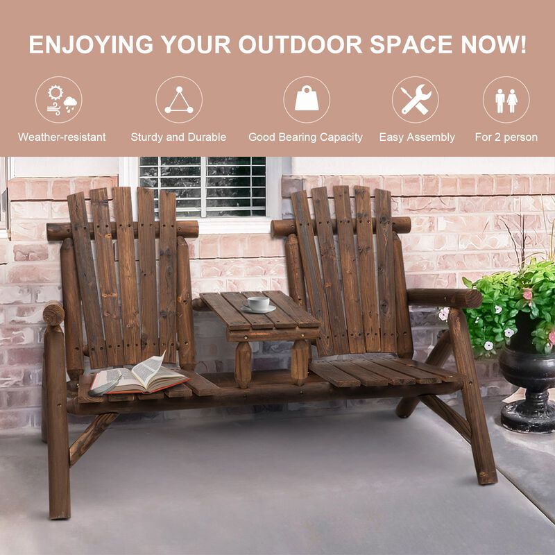 Wood Adirondack Patio Chair Bench with Center Coffee Table, Perfect for Lounging and Relaxing Outdoors Carbonized