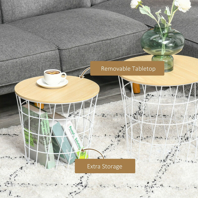 End Tables Set of 2, Nesting Tables with Storage, Round Accent Side Tables with Removable Top for Living Room, Bedroom, White / Natural