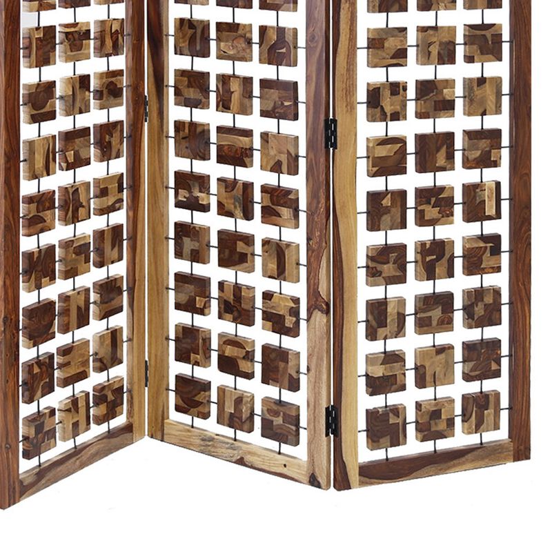 Wooden 3 Panel Room Divider with Interconnected Square Blocks, Brown-Benzara