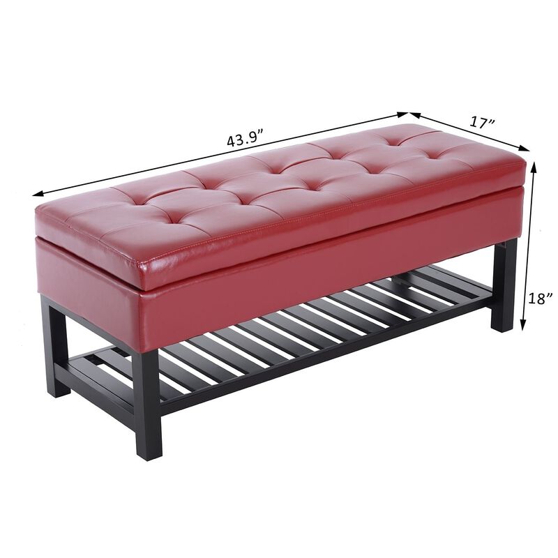 44" Tufted Faux Leather Ottoman Storage Bench with Shoe Rack- Crimson Red