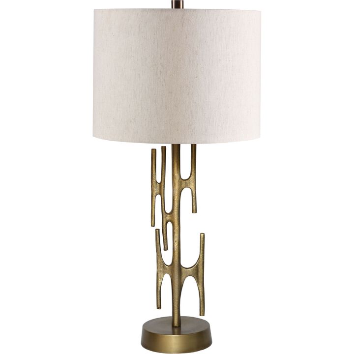 28" Antique Brass Table Lamp with Off White Modified Drum Shade