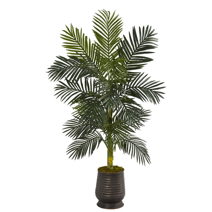 Nearly Natural 62-in Golden Cane Artificial Palm Tree in Ribbed Metal Planter