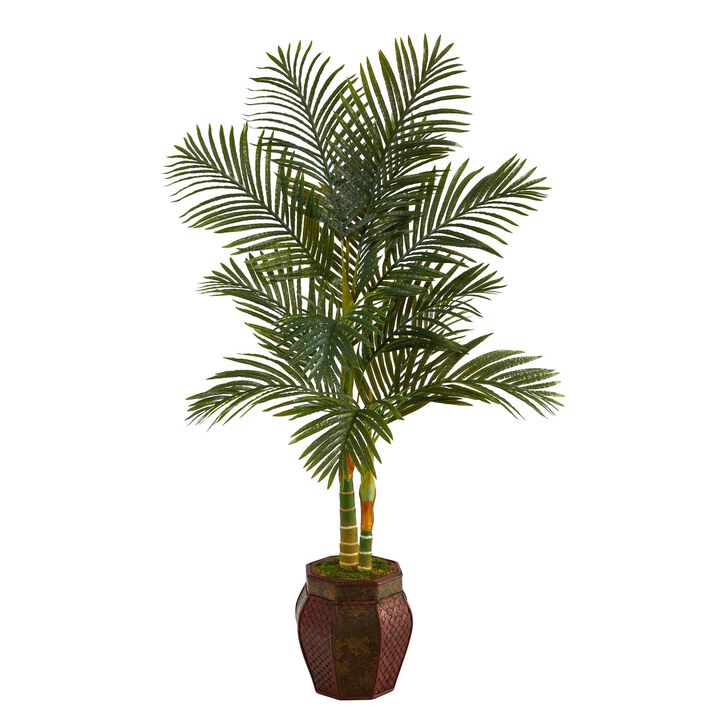 Nearly Natural 5.5-in Golden Cane Artificial Palm Tree in Decorative Planter