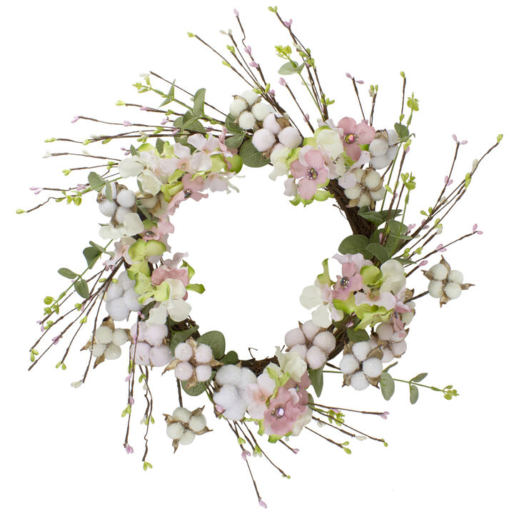 18-Inch Pink and Green Hydrangeas with Cotton Artificial Floral Wreath