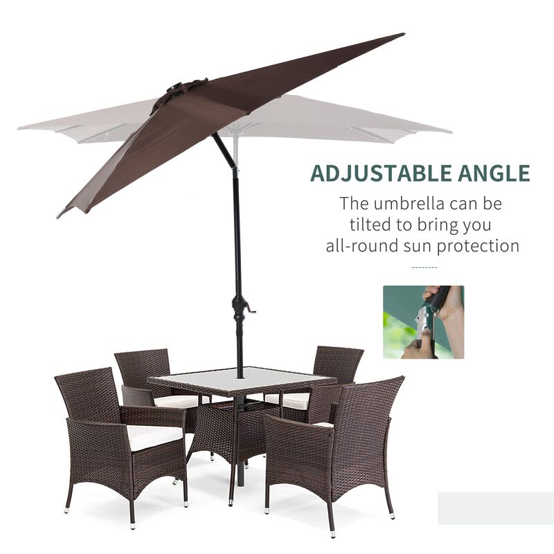 9' x 7' Patio Umbrella Outdoor Table Market Umbrella with Crank, Solar LED Lights, 45Â° Tilt, Push-Button Operation, for Deck, Pool, Brown