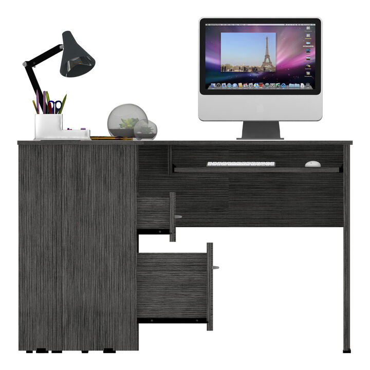 DEPOT E-SHOP Idra L-Shaped Desk, Keyboard Tray, Two Drawers, One Open Shelf, Smokey Oak