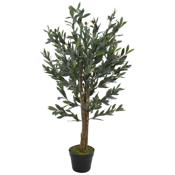 40" Green and Brown Artificial Olive Tree with Foliage In a Black Pot