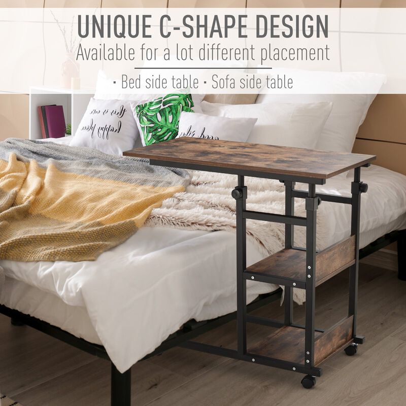 Industrial Style C-Shaped Mobile Sofa Bed Side Table Adjust Height 3-Tier Nightstand Home Cart w/ Casters Brake
