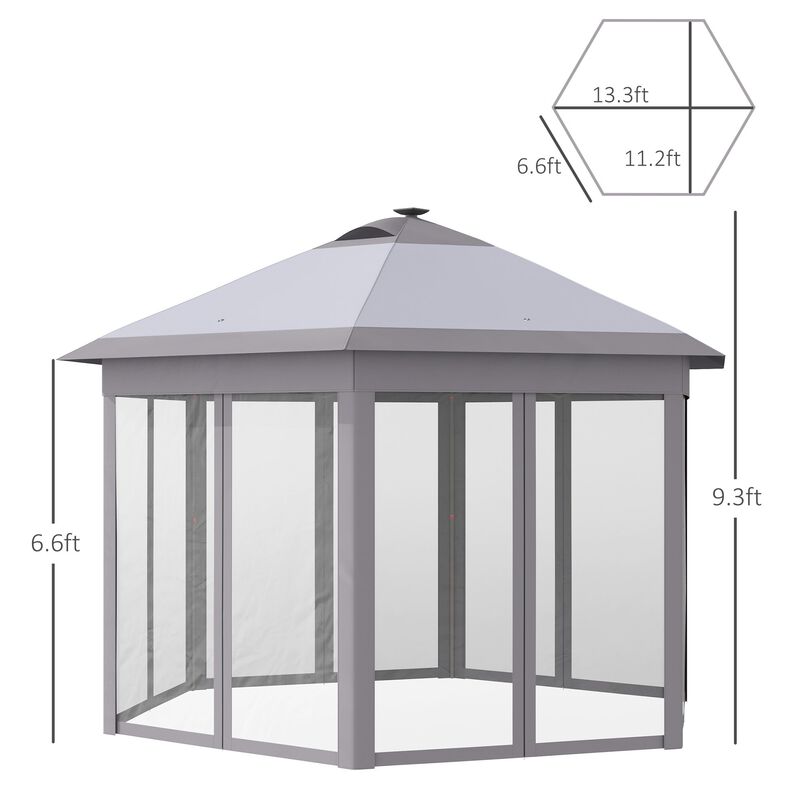 13' x 11' Pop Up Gazebo Tent, Hexagonal Canopy w/ Solar LED Light, Remote Control, Mesh Netting, Height Adjustable, Top Vents and Carrying