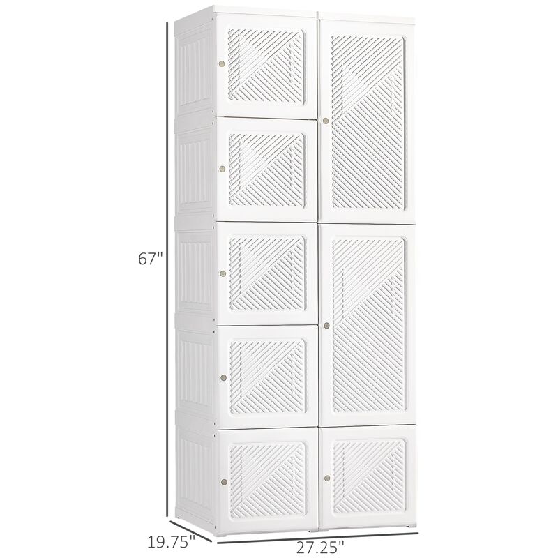 Portable Wardrobe Closet, Folding Bedroom Armoire, Clothes Storage Organizer with Cube Compartments, Hanging Rod, Magnet Doors, White
