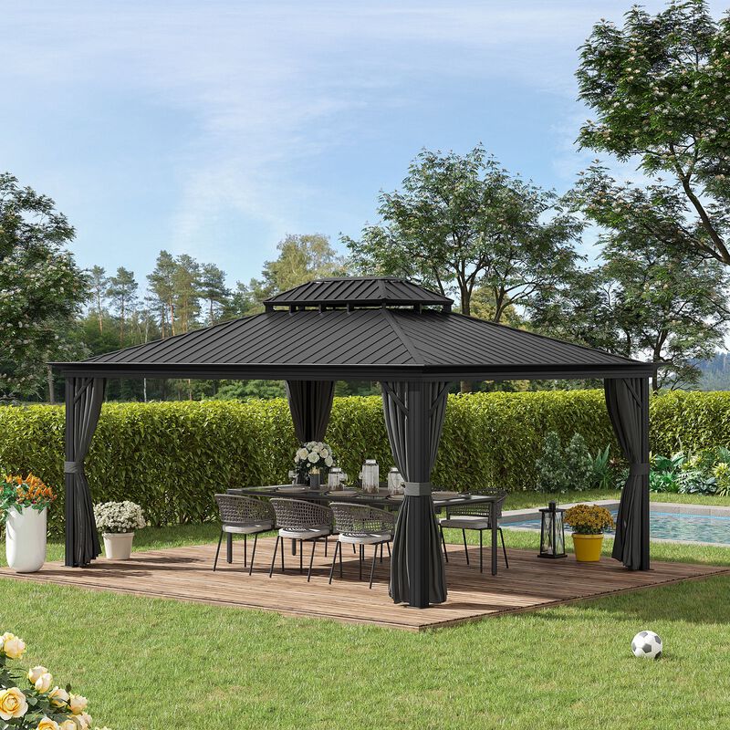 Patio Gazebo 16' x 12', Netting & Curtains, Double Vented Steel Roof, Permanent Hardtop, Aluminum Frame for Outdoor, Gardens, Lawns, Grey