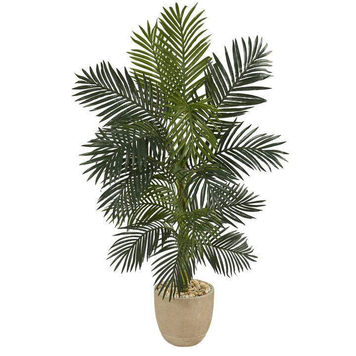 Nearly Natural 5-ft Golden Cane Artificial Palm Tree in Sandstone Planter
