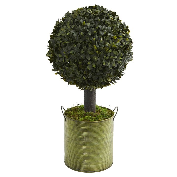Nearly Natural Boxwood Ball Topiary Tree in Green Tin (Indoor/Outdoor)