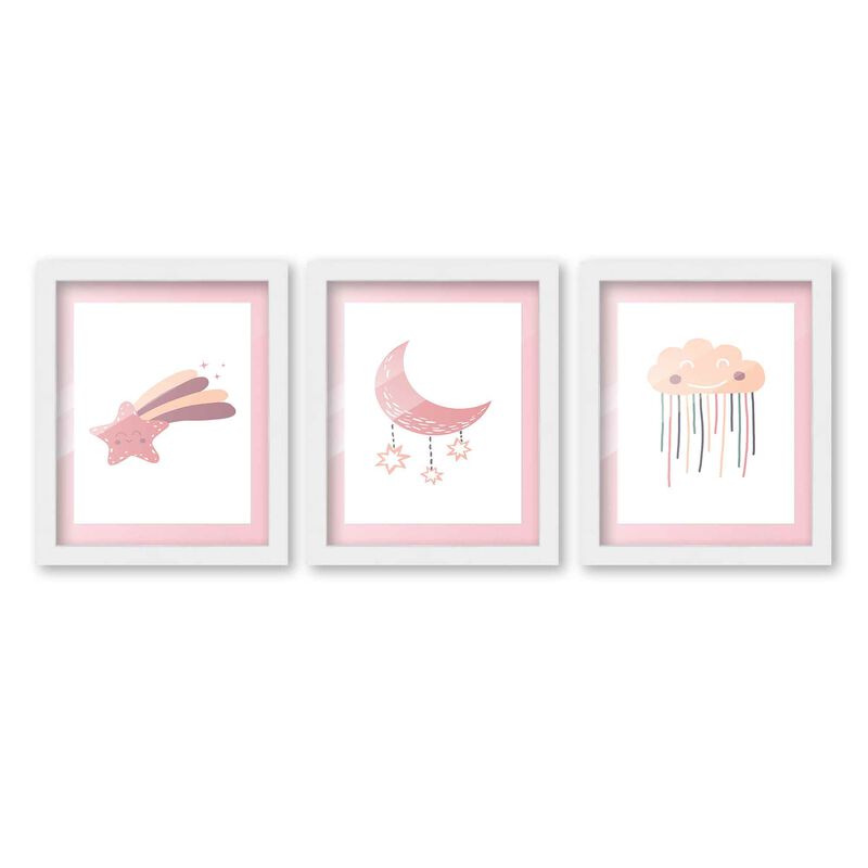 8x10 Framed Nursery Wall Art Set of 3 Boho Galaxy Prints in Pink with Soft Pink Mat in a 10x12 White Wood Frames