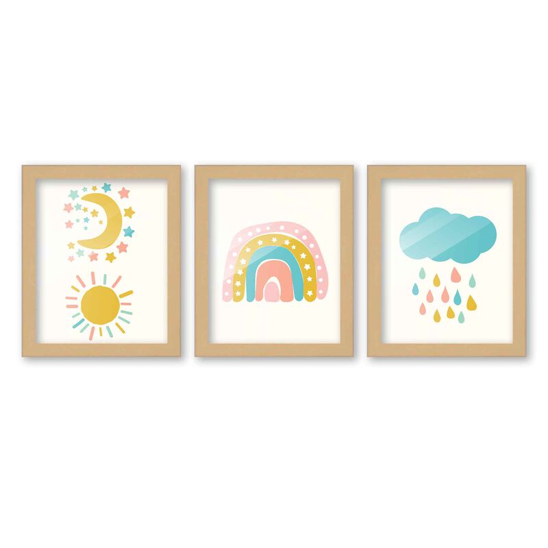 8x10 Framed Nursery Wall Art Set of 3 Hand Drawn Boho Rainbow Prints in Natural Wood Frames