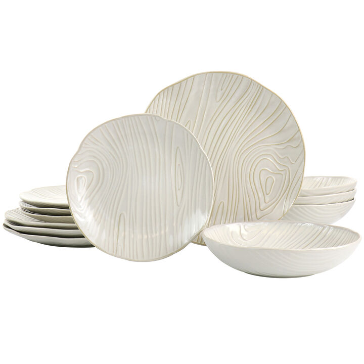 Martha Stewart Wood Pattern 12 Piece Stoneware Dinnerware Set in Off-White
