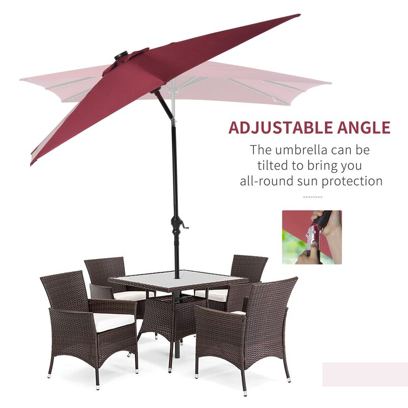 9' x 7' Patio Umbrella Outdoor Table Market Umbrella with Crank, Solar LED Lights, 45Â° Tilt, Push-Button Operation, for Deck, Wine Red