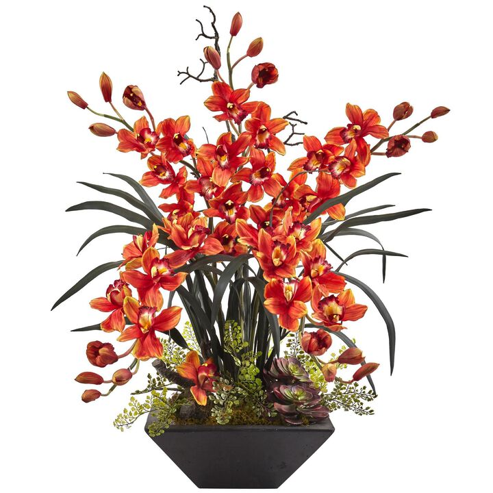 Nearly Natural 36-in Cymbidium Orchid with Black Vase