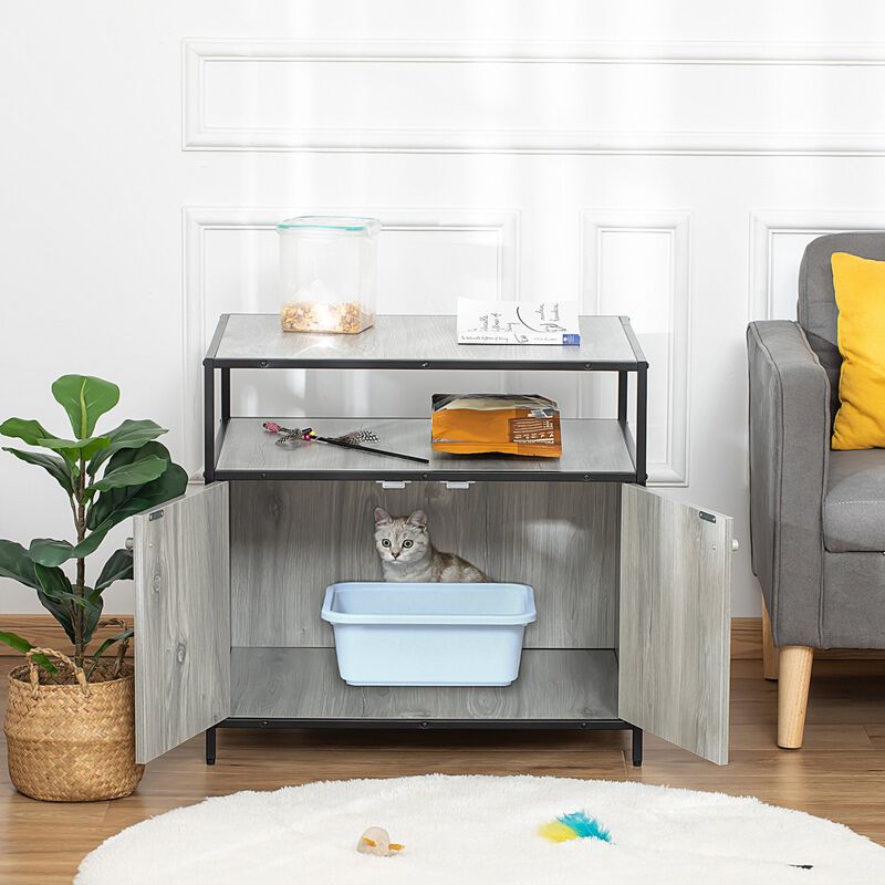 Cat Litter Box Enclosure Hidden Cat Furniture Cabinet Indoor Cat Washroom Double-door Nightstand End Table with Cat Hole Storage Shelf Grey