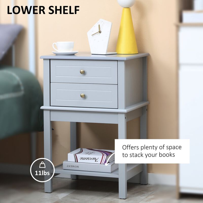 Modern Sofa Side Table with 2 Storage Drawers, End Table with Bottom Shelf for Living Room, Bedroom, Light Grey