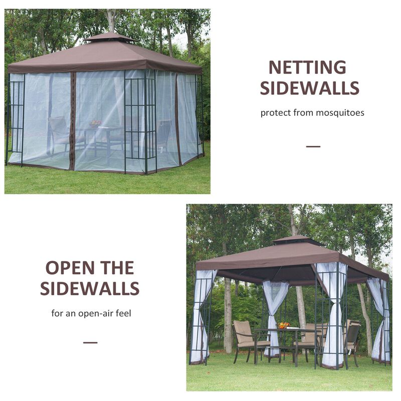 10'x10' Outdoor Gazebo, Double Tiered Canopy Tent with Mosquito Netting, and Steel Frame for Patio, Backyards and Parties, Coffee