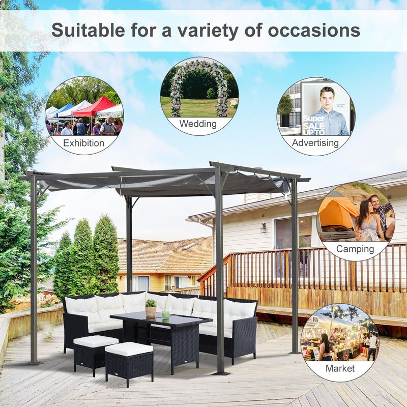 10' x 10' Retractable Patio Gazebo Pergola with UV Resistant Outdoor Canopy & Strong Steel Frame Grey