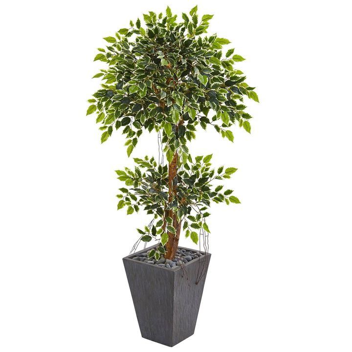 Nearly Natural 5-ft Variegated Ficus Artificial Tree in Slate Planter