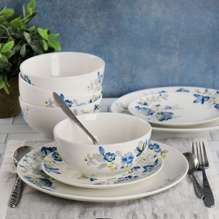Gibson Home Uppingham Fine Ceramic 12 Piece Dinnerware Set in Blue Floral